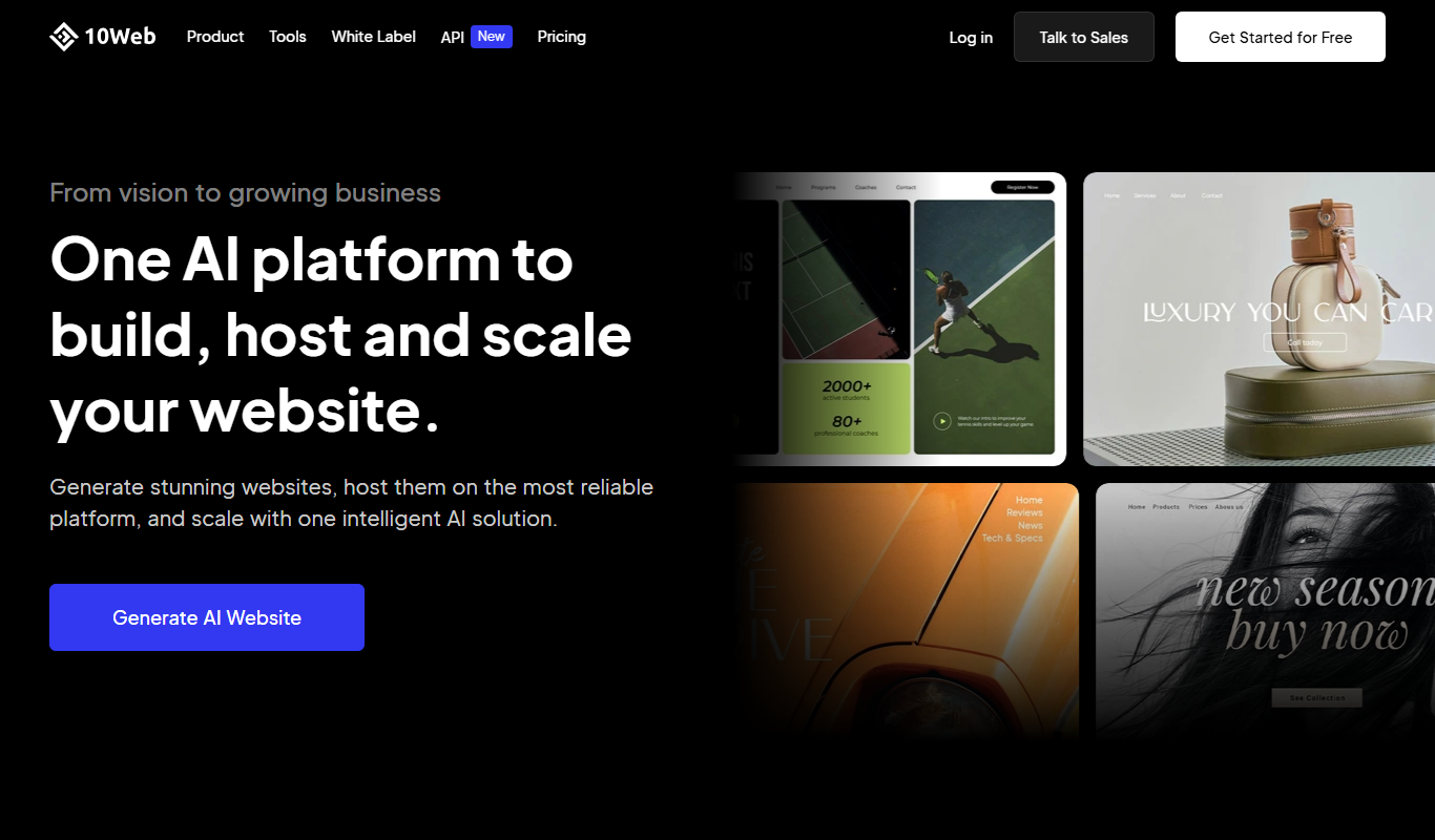 Screenshot of 10Web WordPress hosting and website builder interface