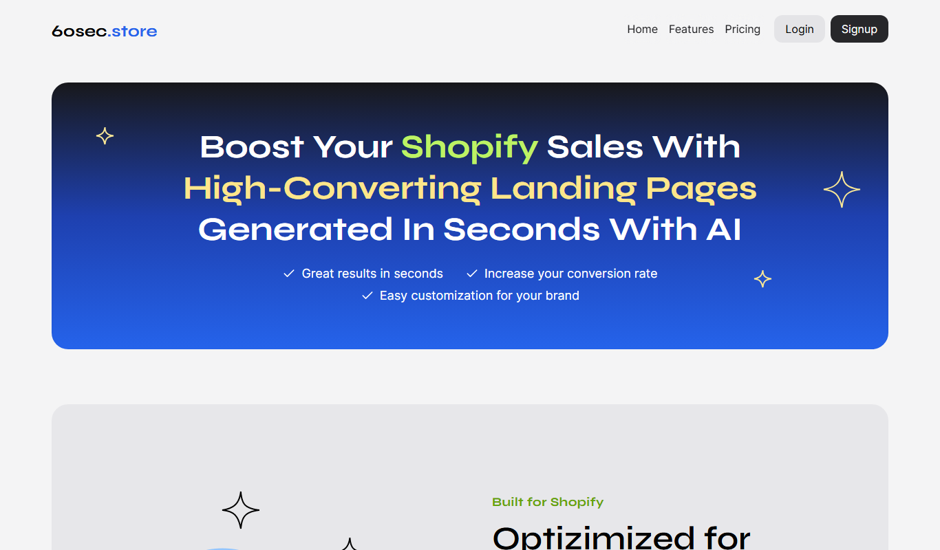 Screenshot of the 60sec.store: AI Landing Pages 4 Shopify interface