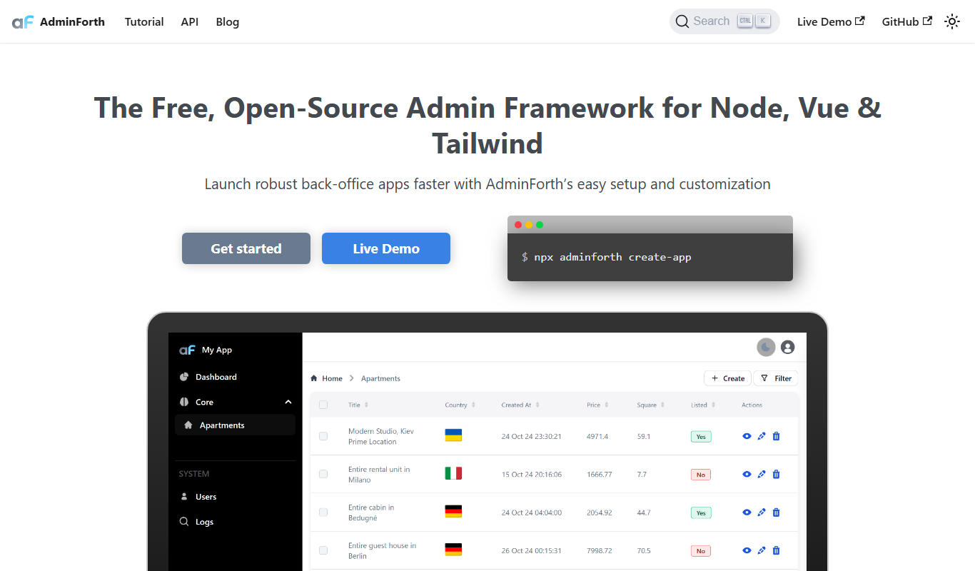 Screenshot of the AdminForth interface