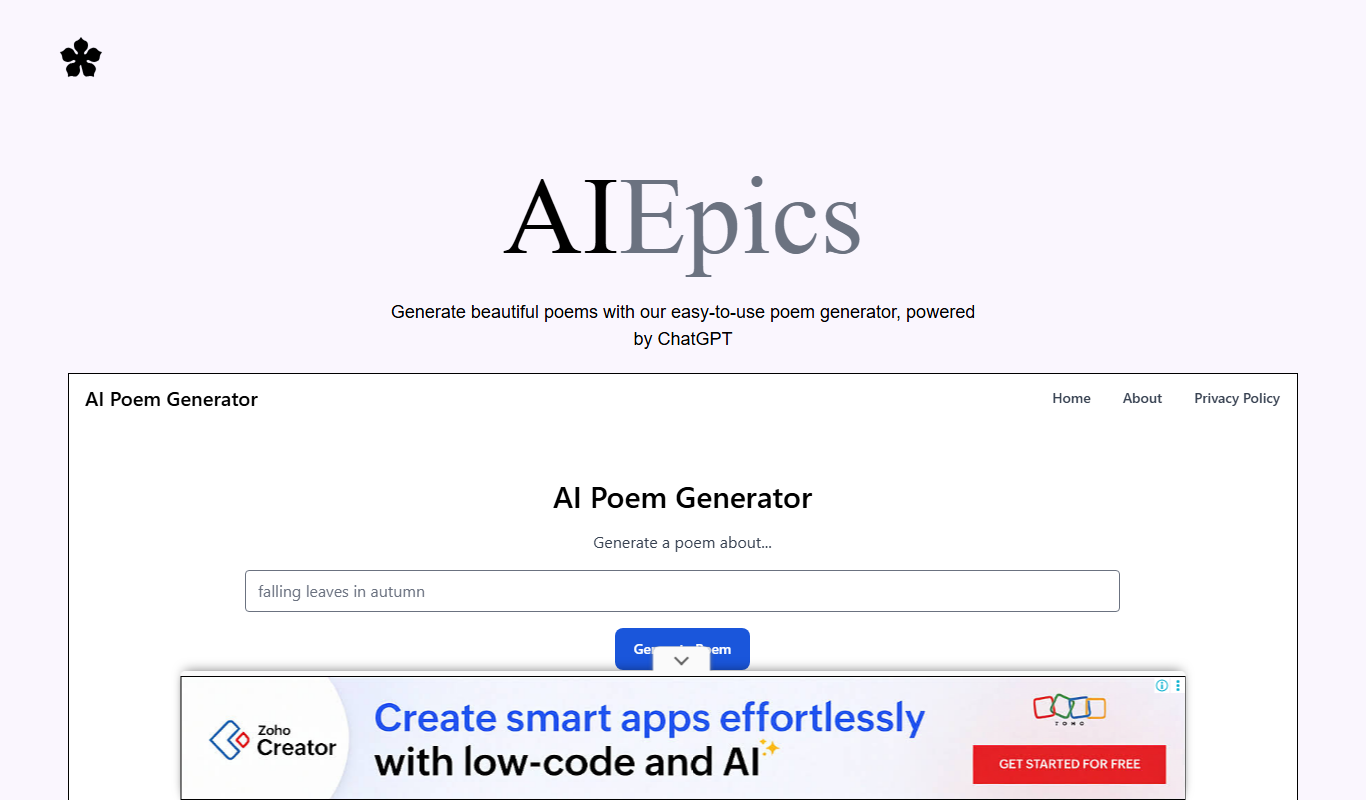 AI Poem Generator app screenshot