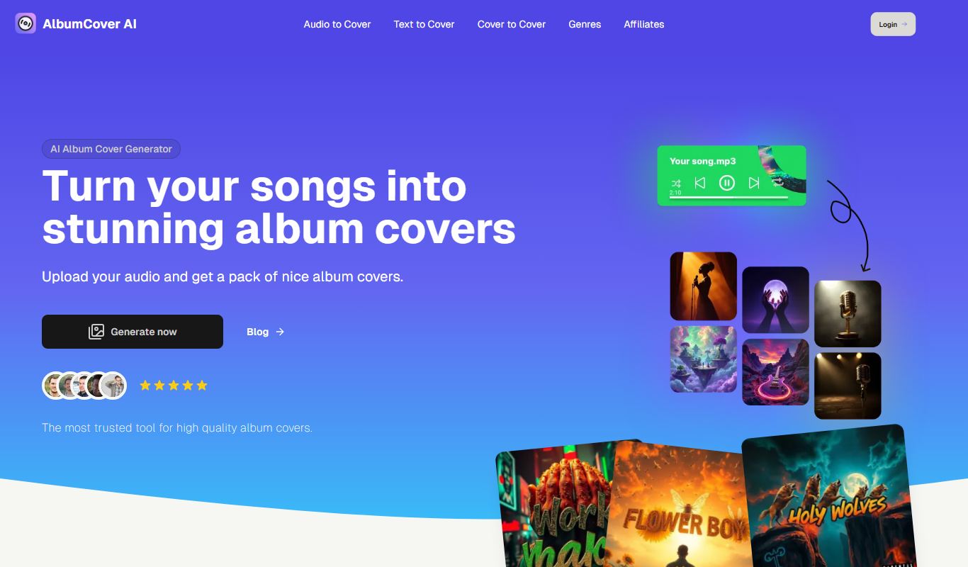 Screenshot of AlbumCover AI interface showing album cover design options