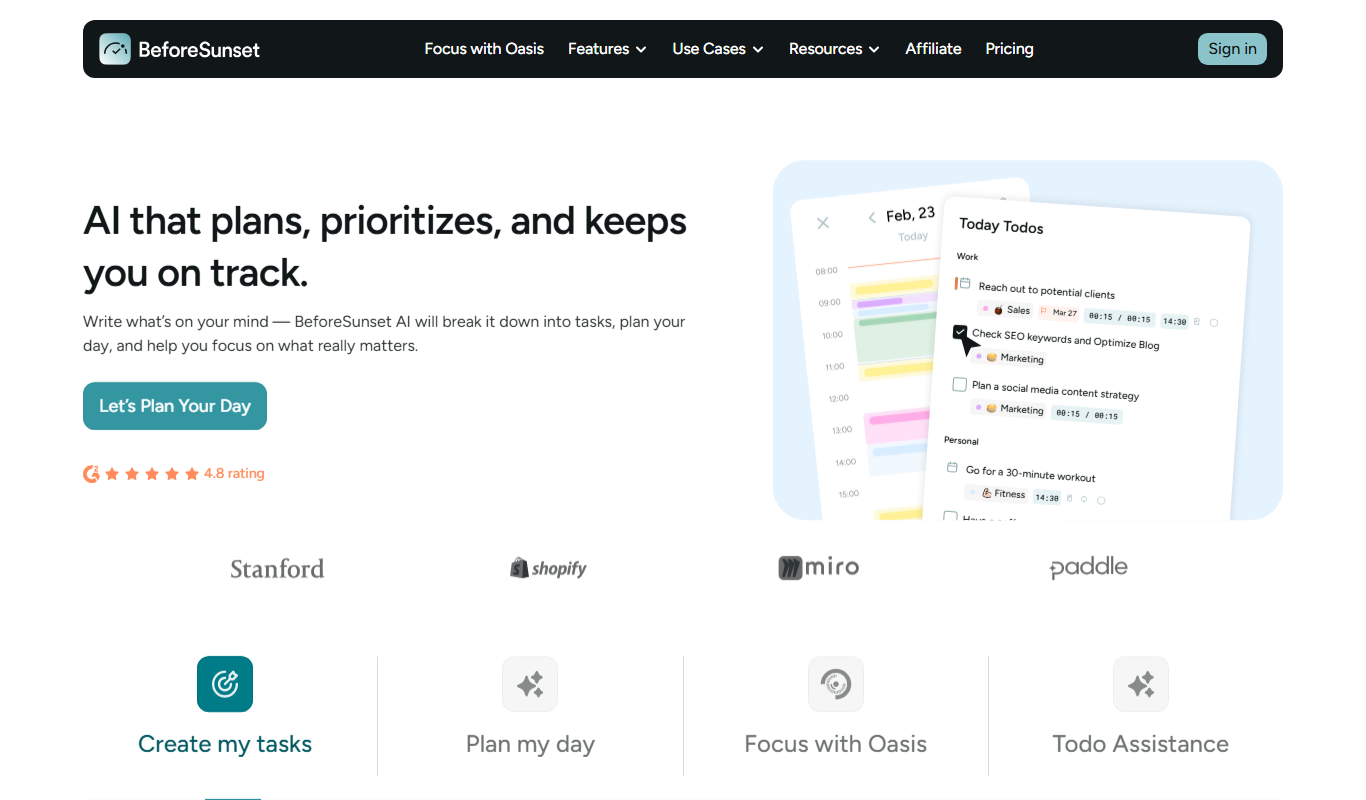 Screenshot of the BeforeSunset AI interface