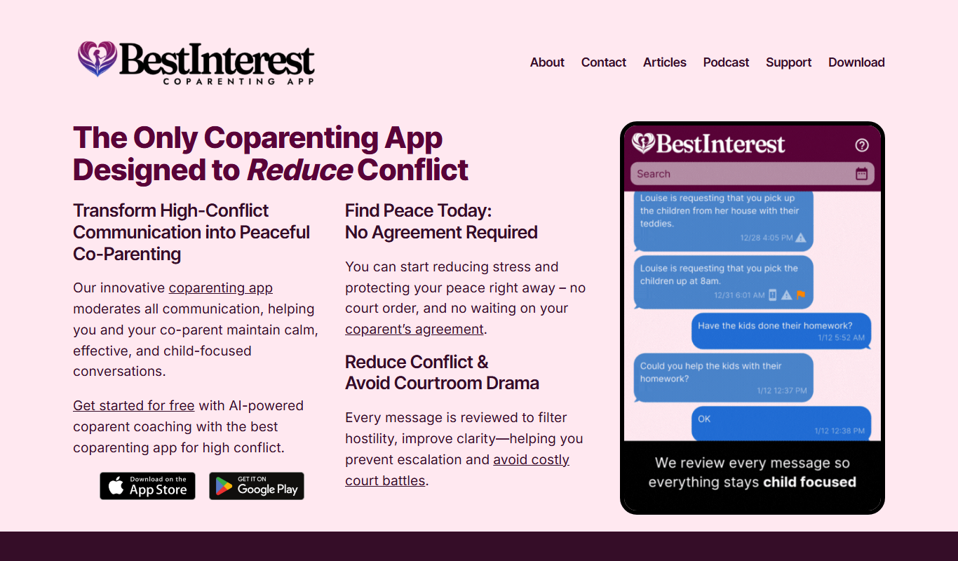 Screenshot of BestInterest for Coparents app interface showing co-parenting dashboard