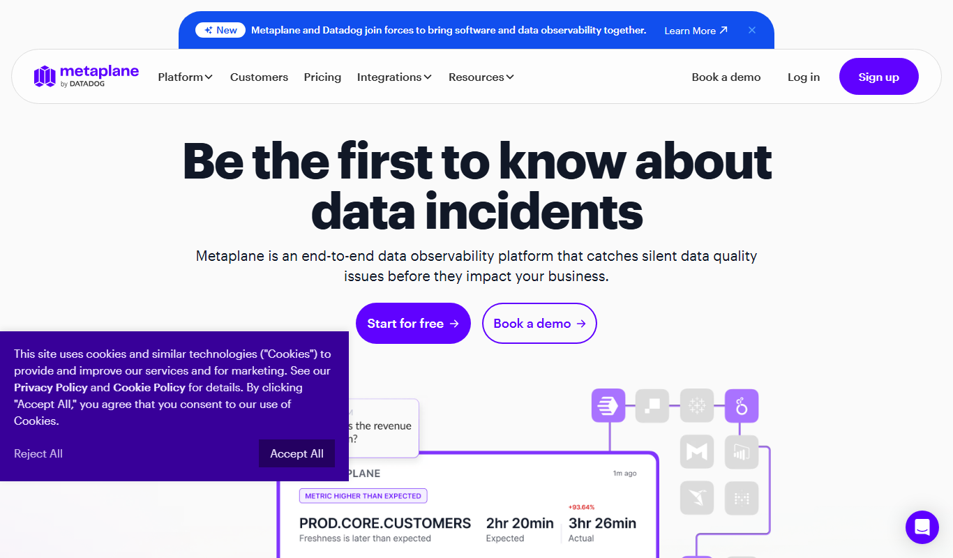 Screenshot of the Data Observability v2 by Metaplane interface