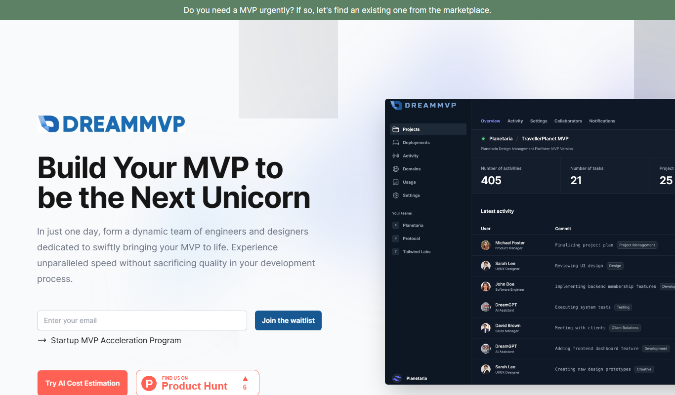 DreamMVP app screenshot