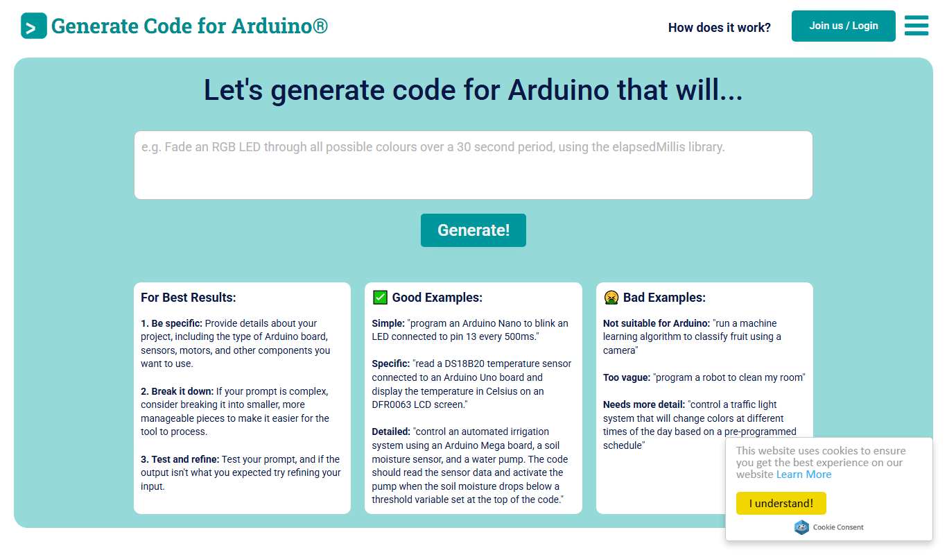 Screenshot of Duino Code Generator interface showing code generation options