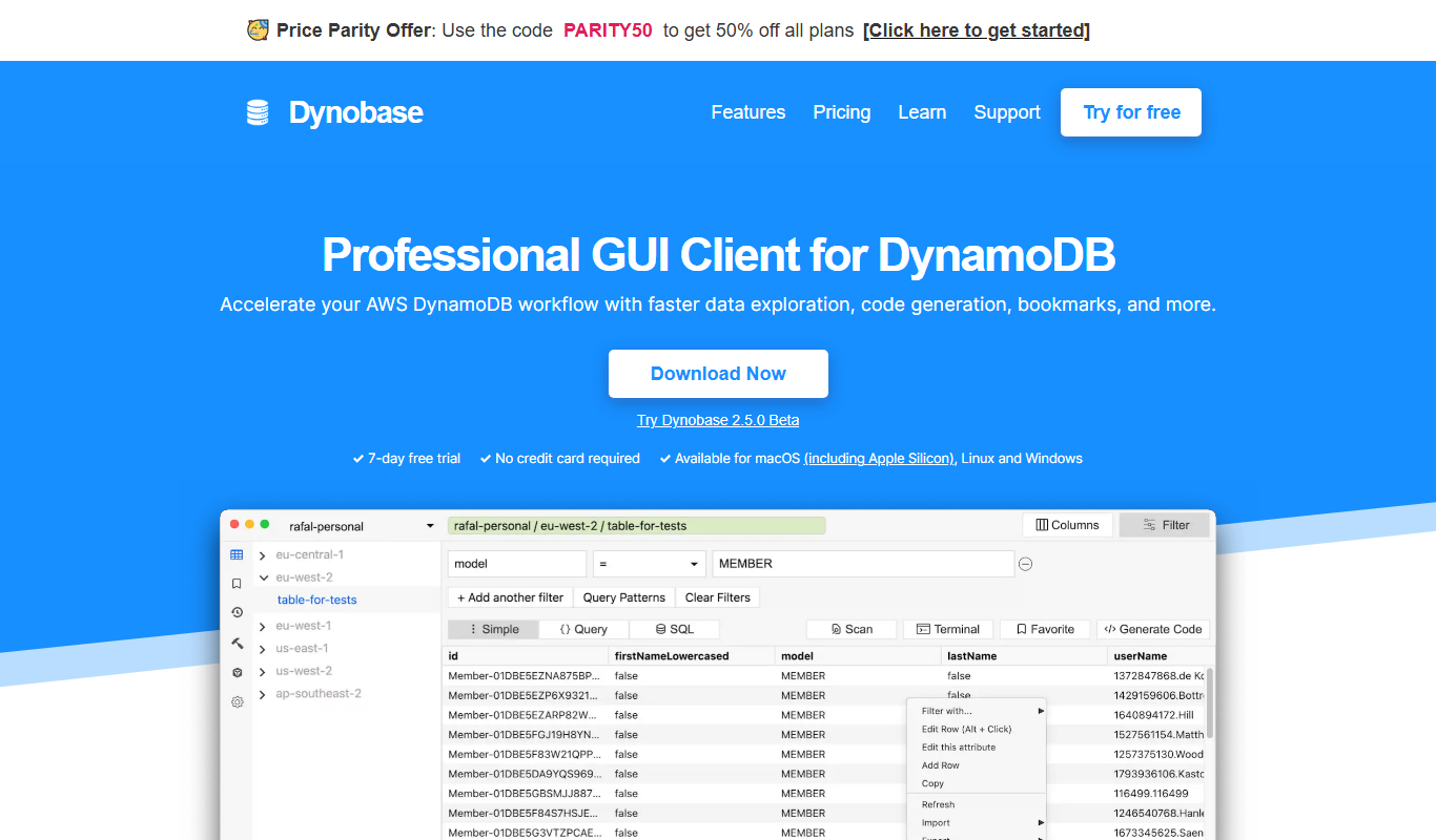 Screenshot of Dynobase interface showing DynamoDB table management