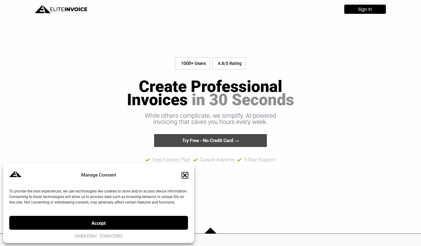 Screenshot of the EliteInvoice interface