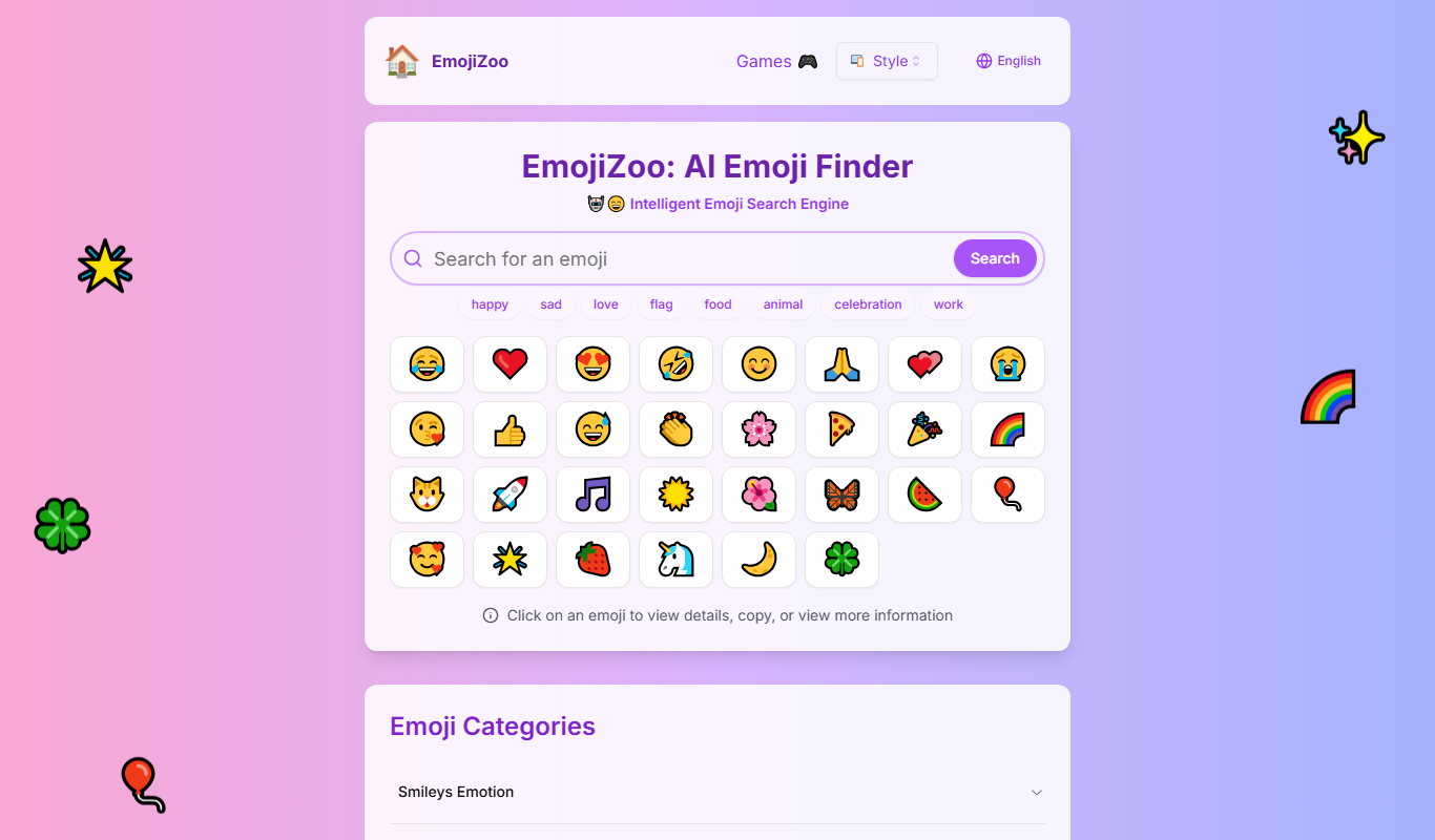 Screenshot of EmojiZoo emoji search engine interface