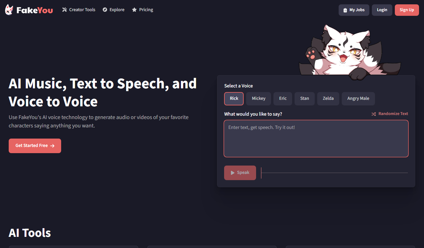 Screenshot of FakeYou AI voice generator interface