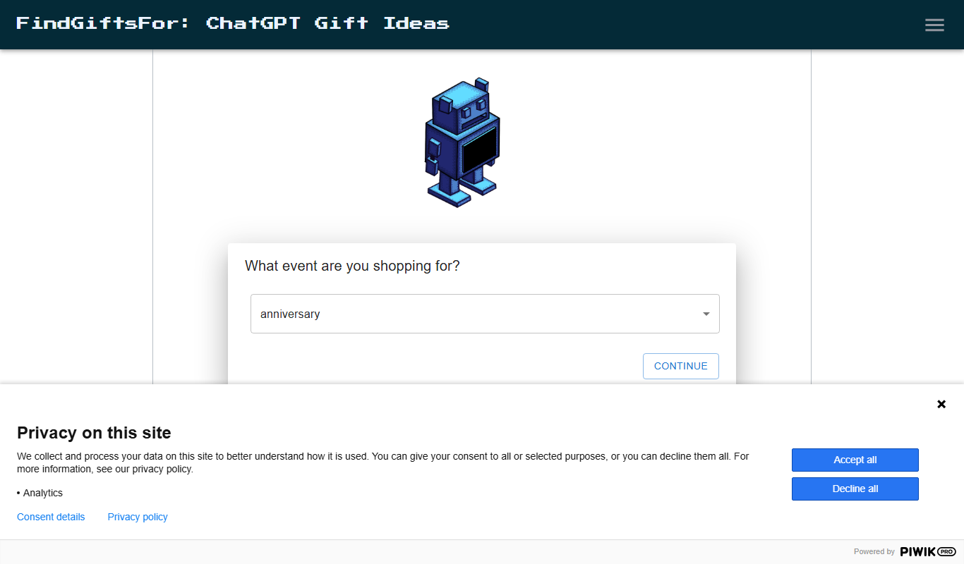 Screenshot of the FindGiftsFor ChatGPT gift search interface