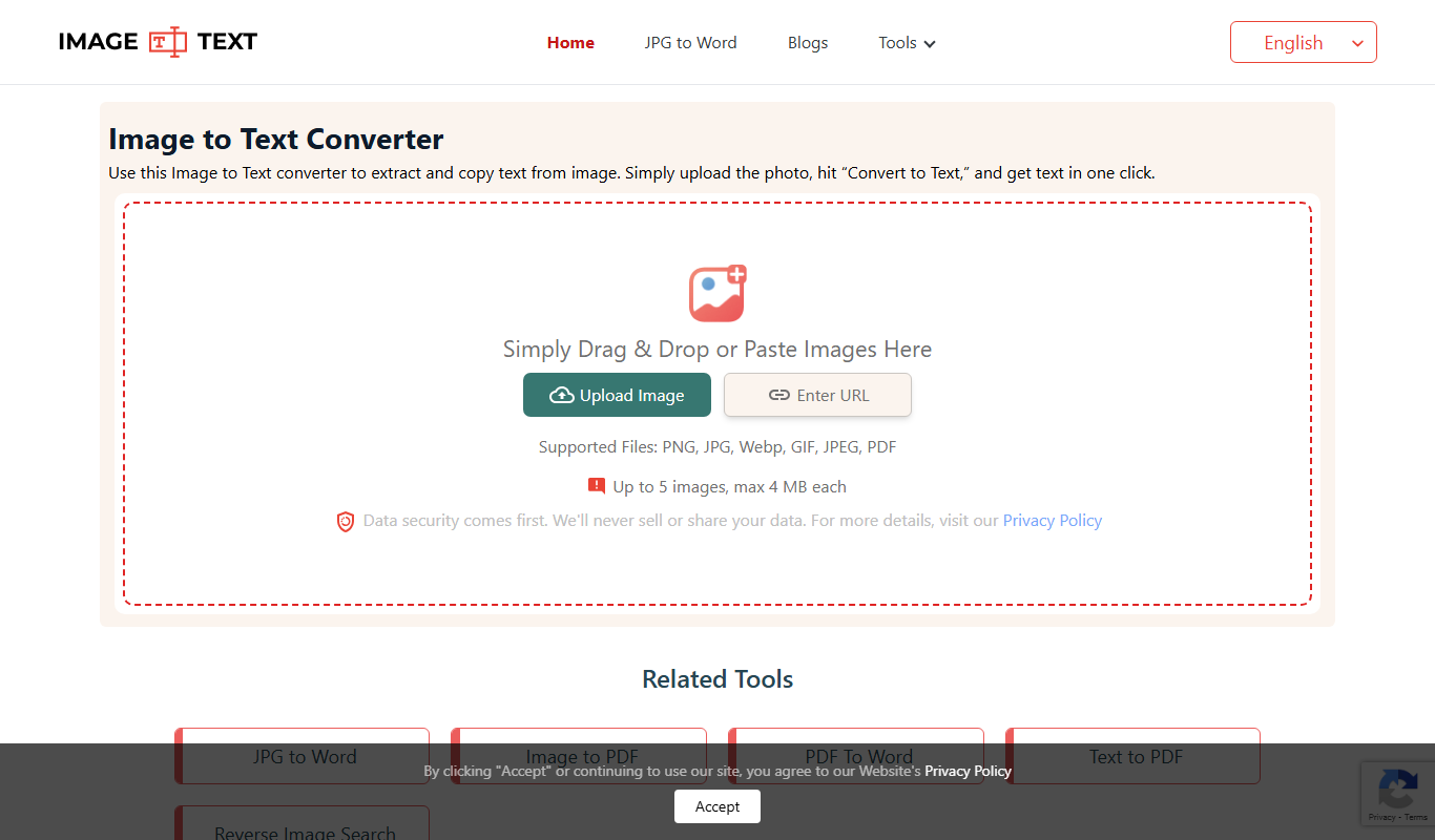 Screenshot of the @imagetotext.me interface