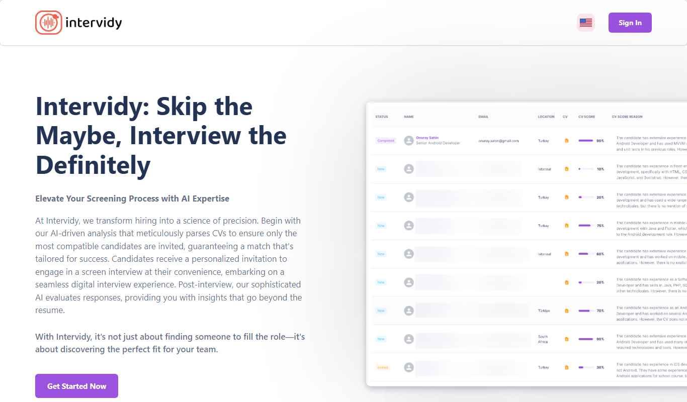Screenshot of the Intervidy interface