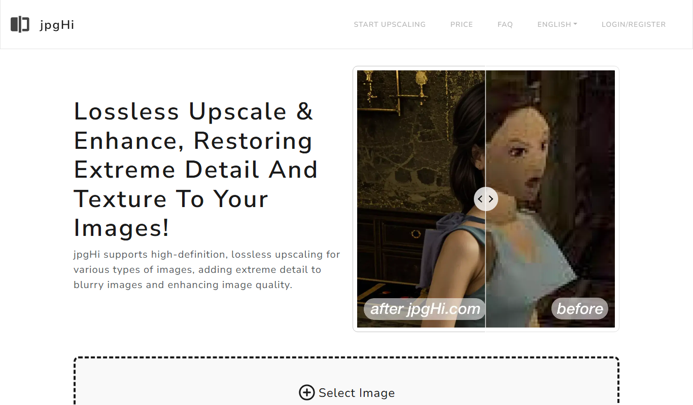 Screenshot of the jpgHi.com Magic Image Upscale interface