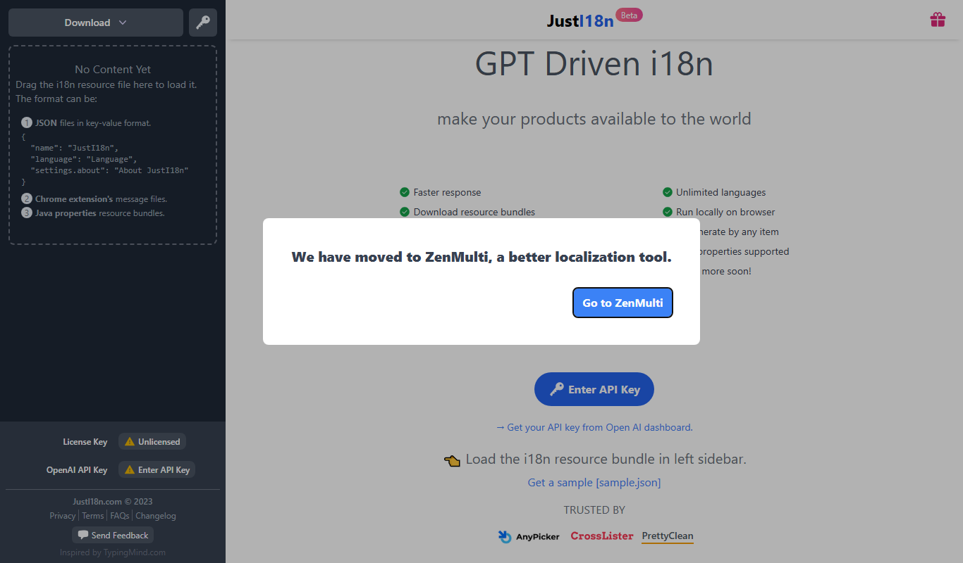 Screenshot of the JustI18n interface