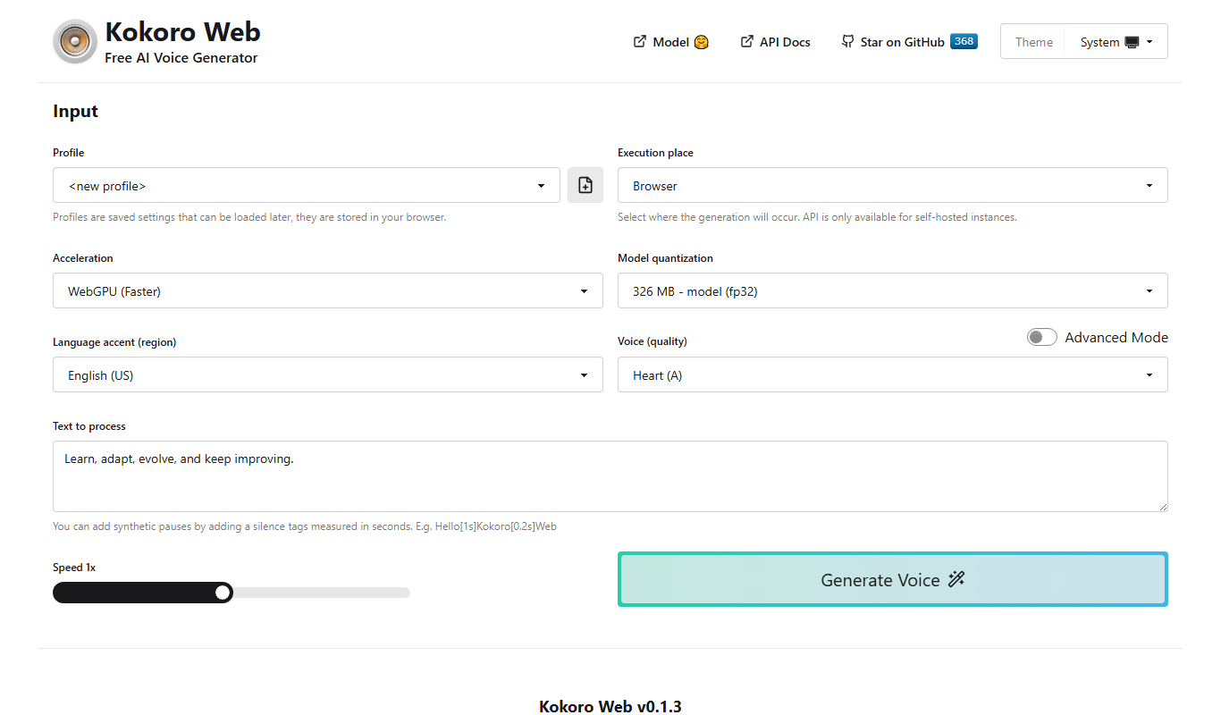 Screenshot of the Kokoro Web interface
