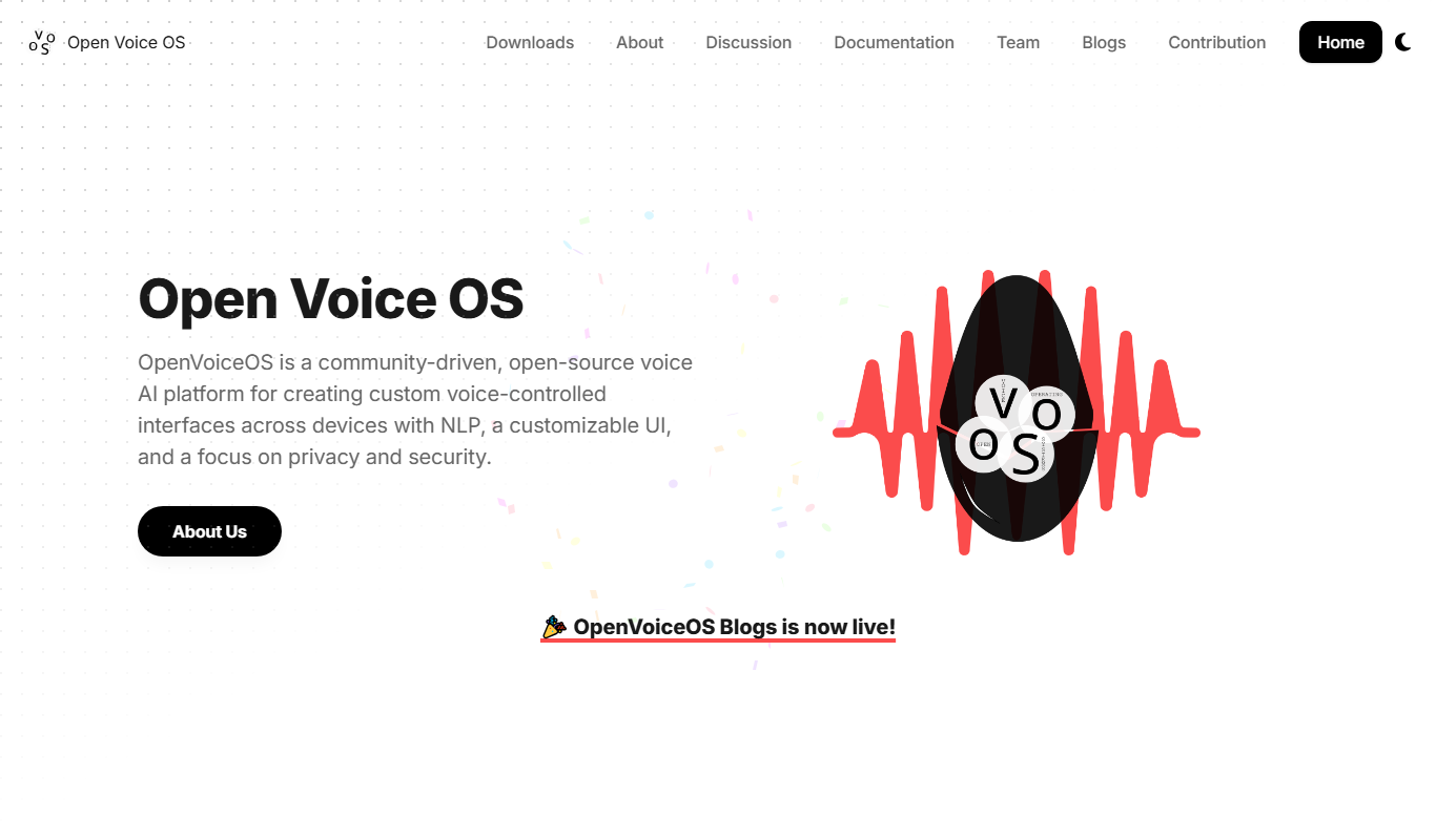 Screenshot of Open Voice OS interface showing voice assistant features