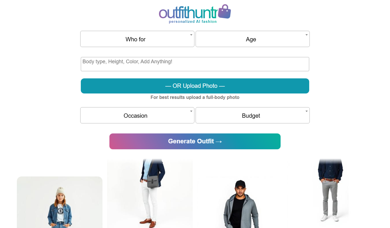 Screenshot of the OutfitHuntr.com: AI Style & Shop interface