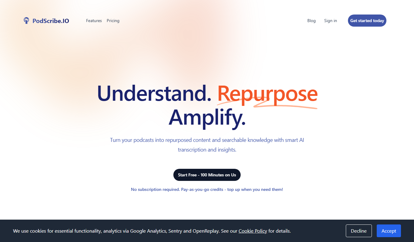 Screenshot of PodScribe.IO podcast transcription interface