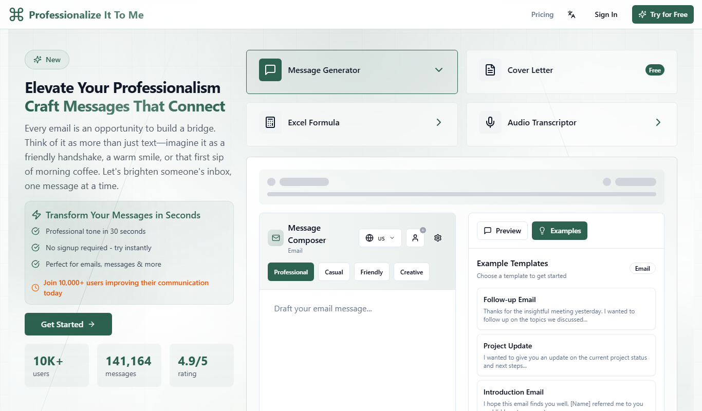 Screenshot of the Professionalize It To Me interface