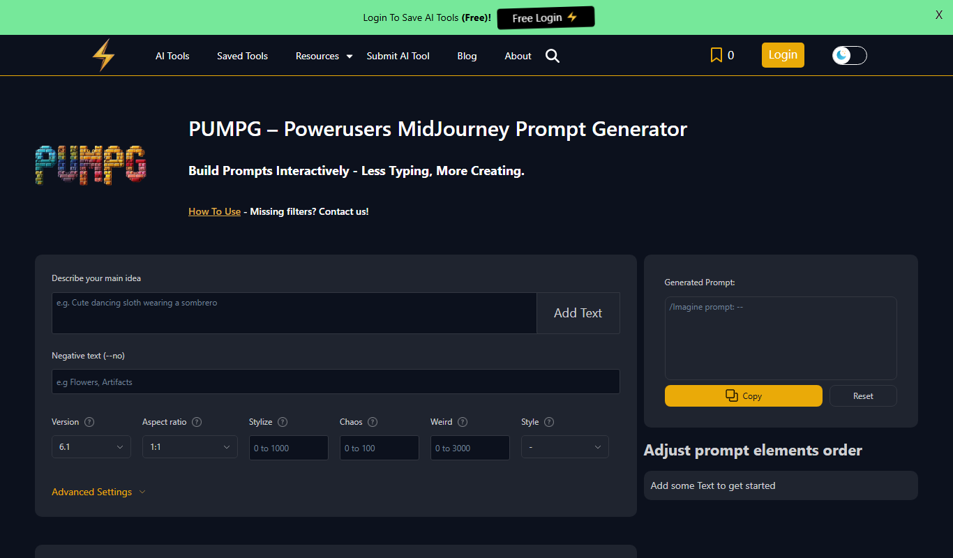Screenshot of the PUMPG – Midjourney Prompt Generator interface