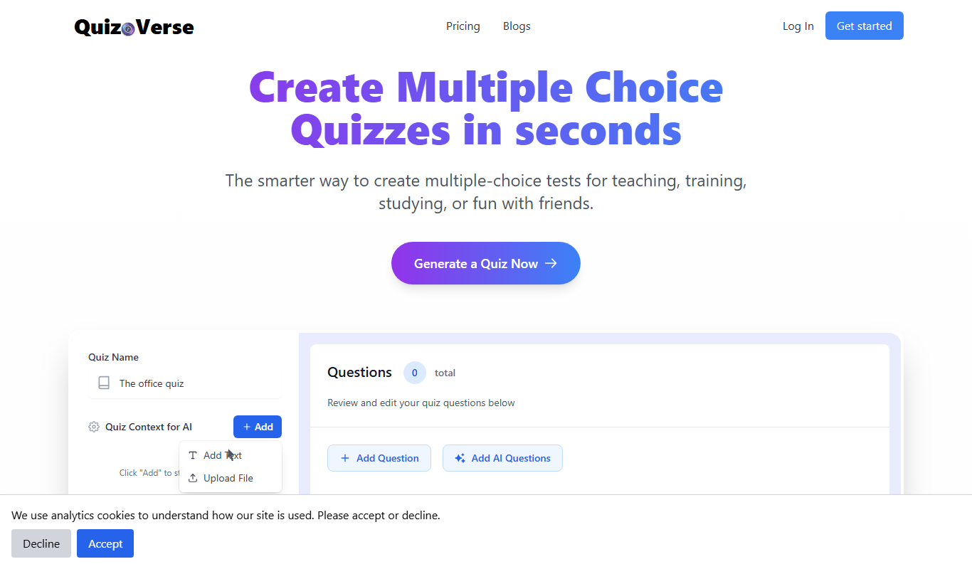Screenshot of the QuizCanvasAi interface