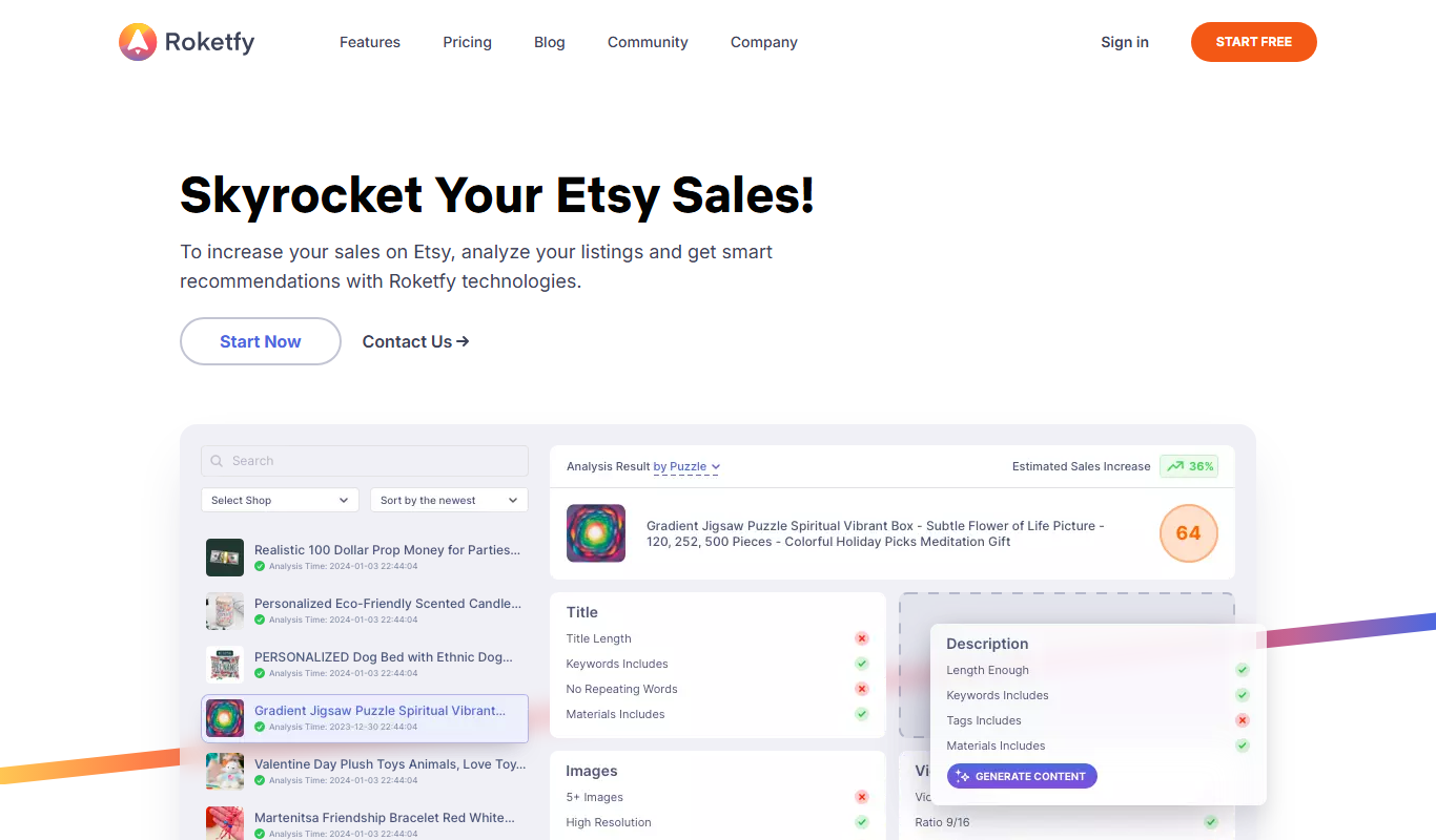 Screenshot of the Roketfy interface
