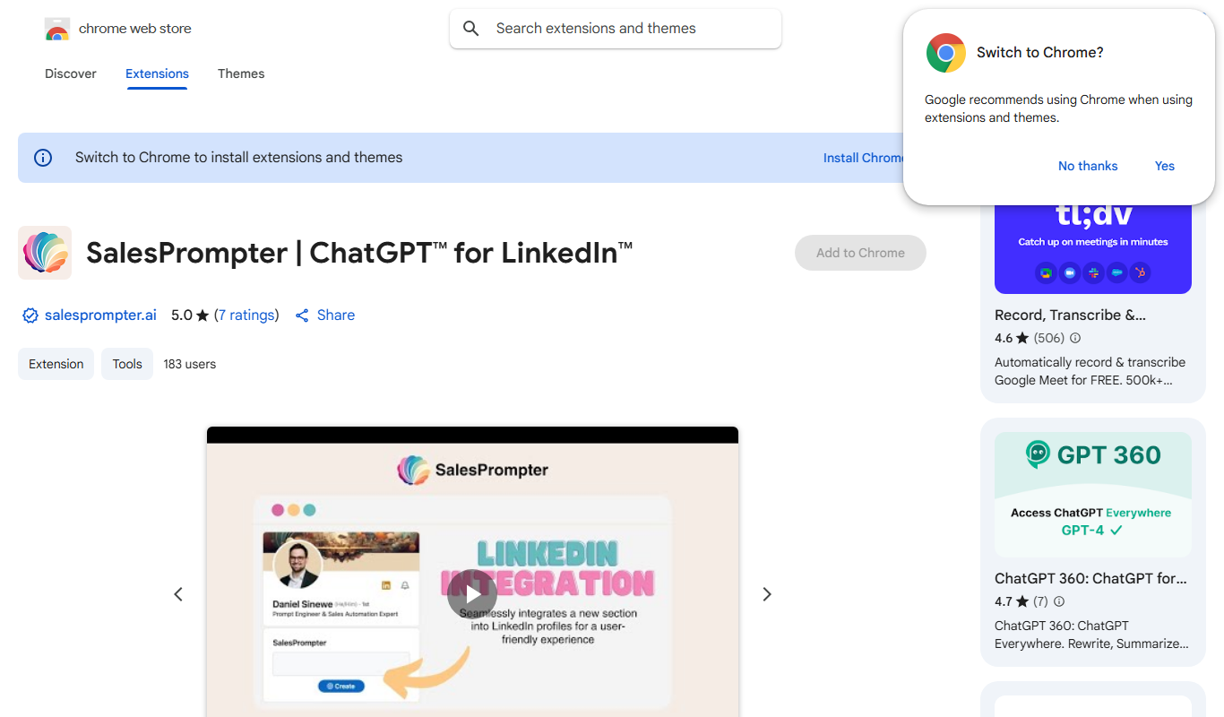 Screenshot of the SalesPrompter interface