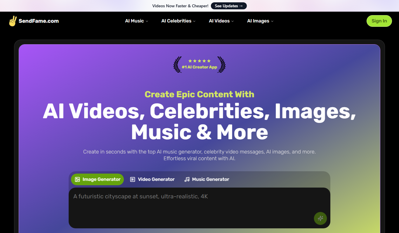 Screenshot of the SendFame interface