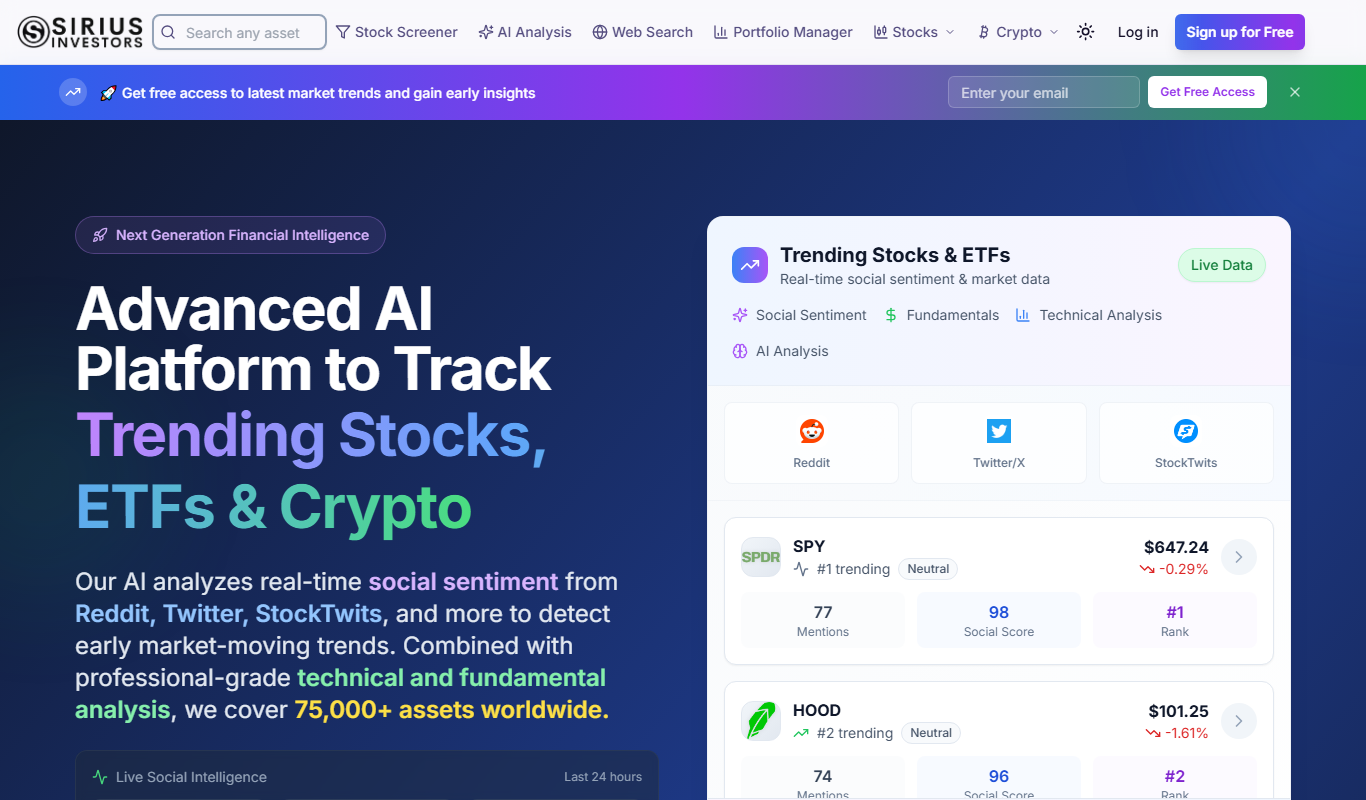 Screenshot of the Sirius Investors interface