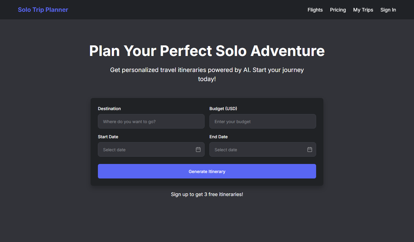 Solo Trip Planner app screenshot