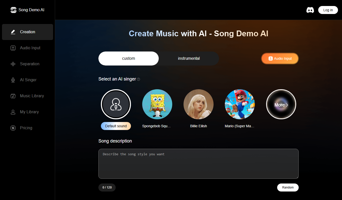 Screenshot of the Song Demo AI interface