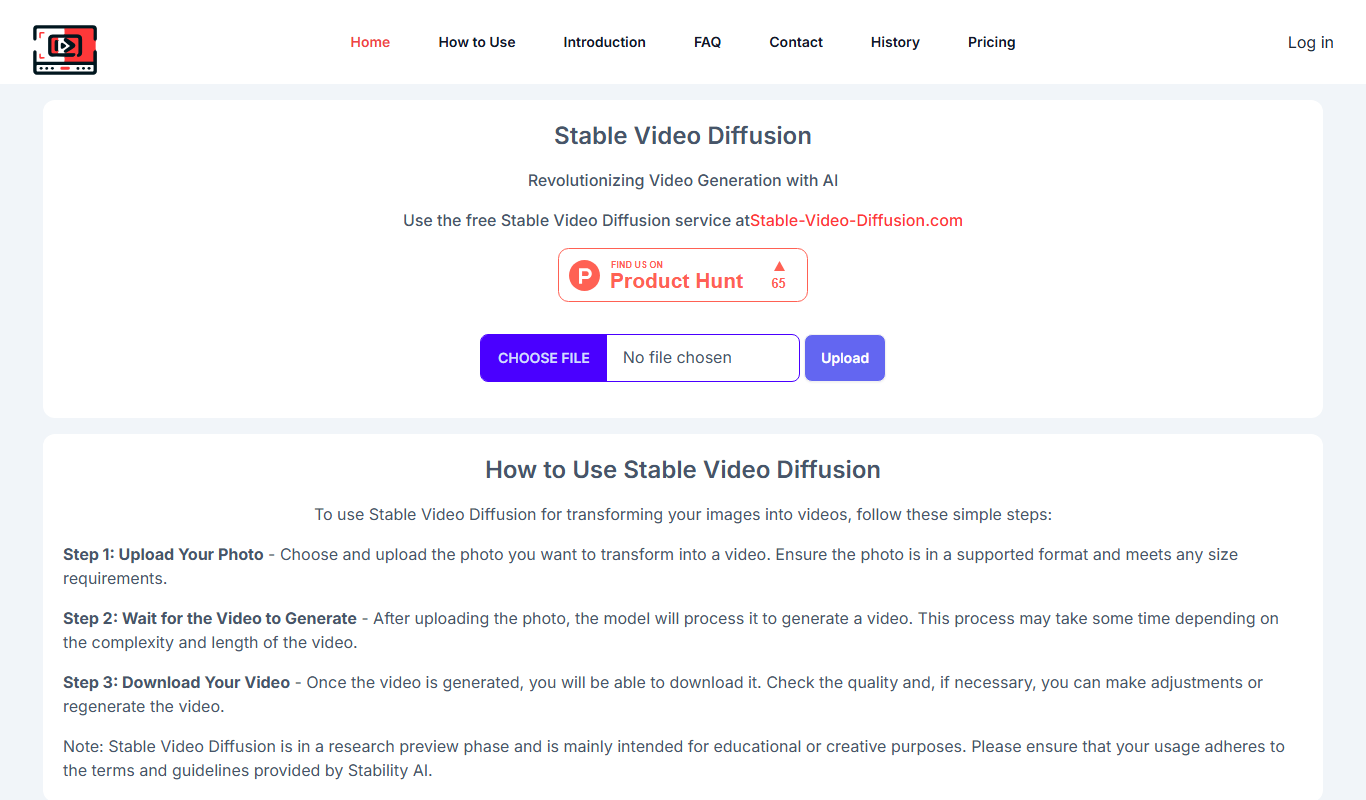 Screenshot of the stable-video-diffusion.cc interface