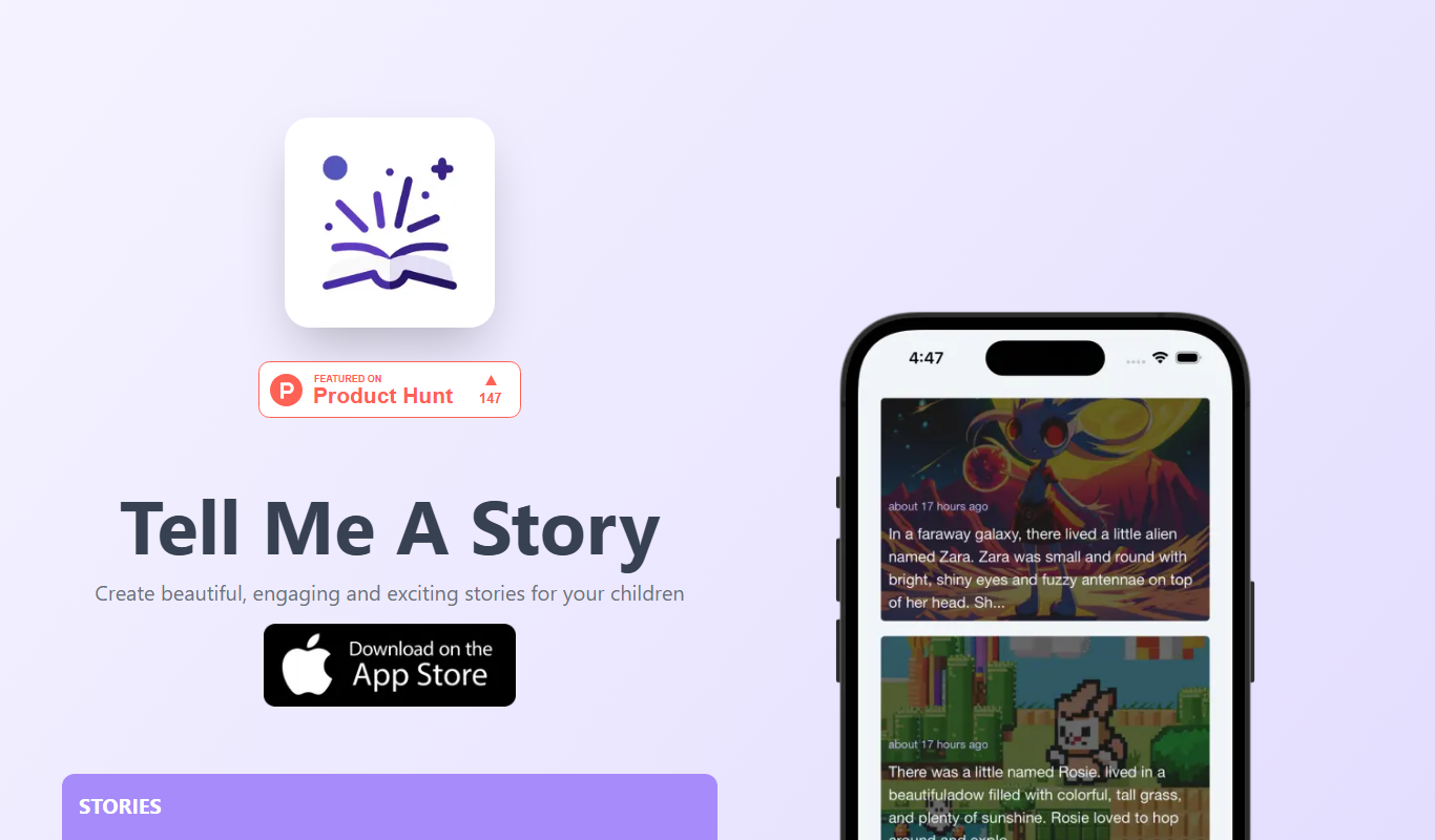 Screenshot of Tell Me A Story AI interface showing story generation