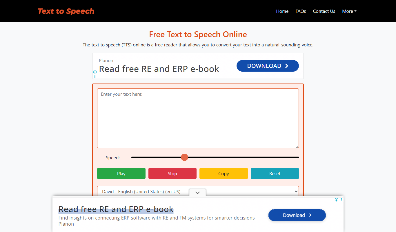 Screenshot of Text-Speech.net interface showing text input and voice options