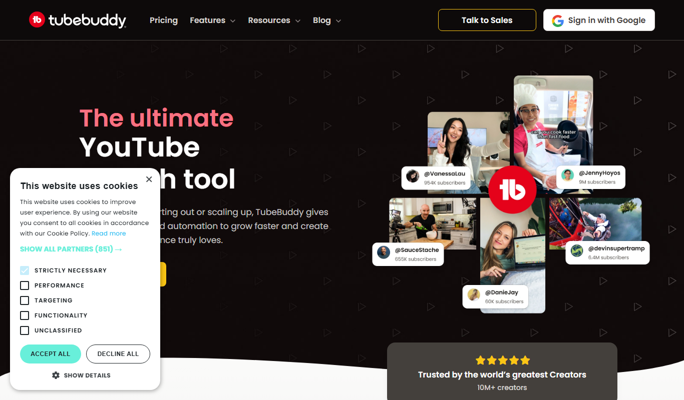 Screenshot of TubeBuddy dashboard showing YouTube video analytics and optimization tools