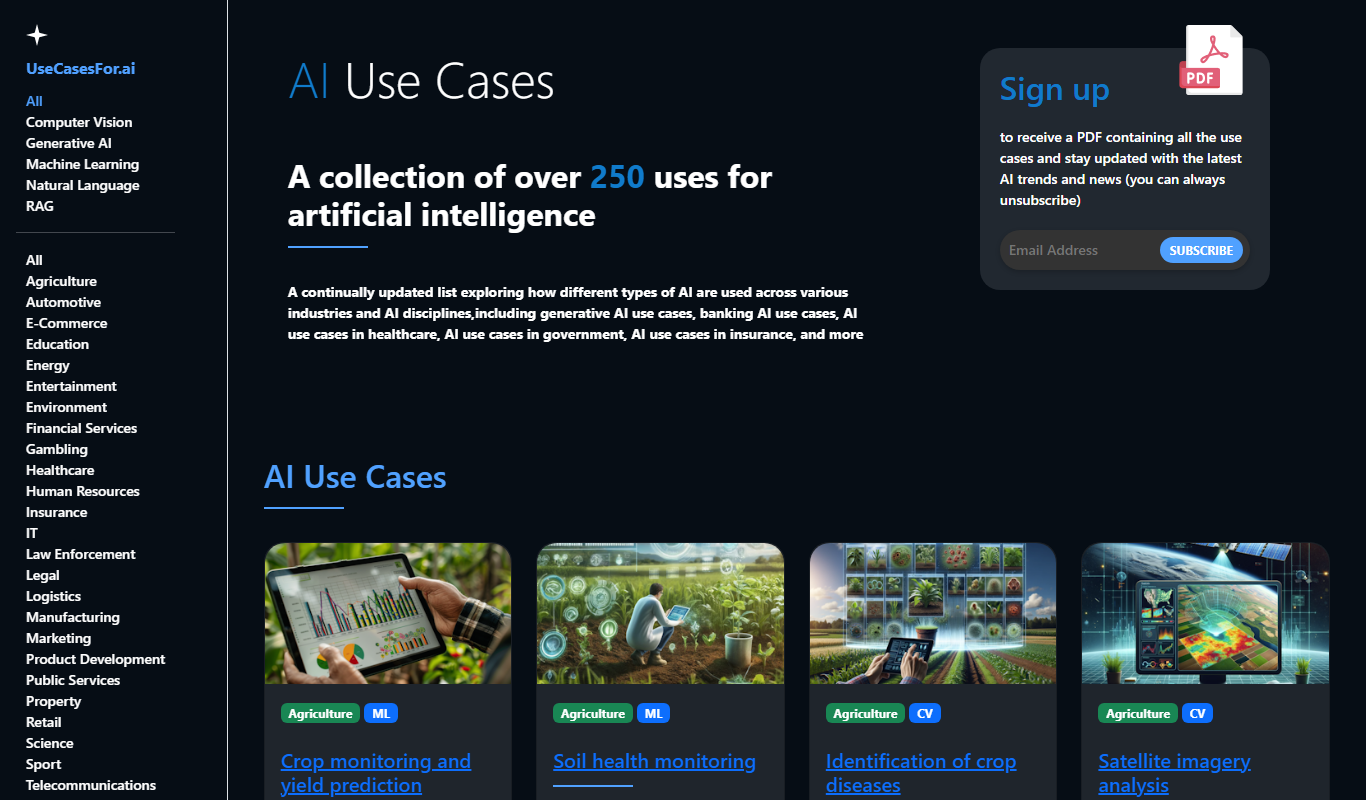 Screenshot of UseCasesFor.ai interface showing AI use case categories