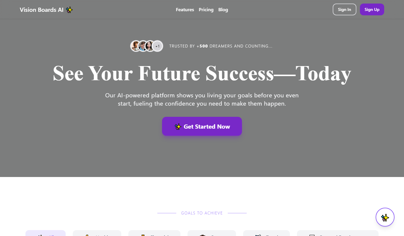 Screenshot of Vision Boards AI interface showing vision board creation