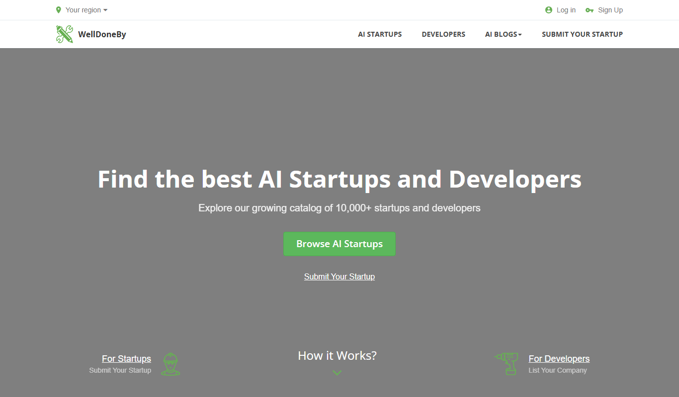 Screenshot of the WelldoneBy.com – Best AI Startups interface