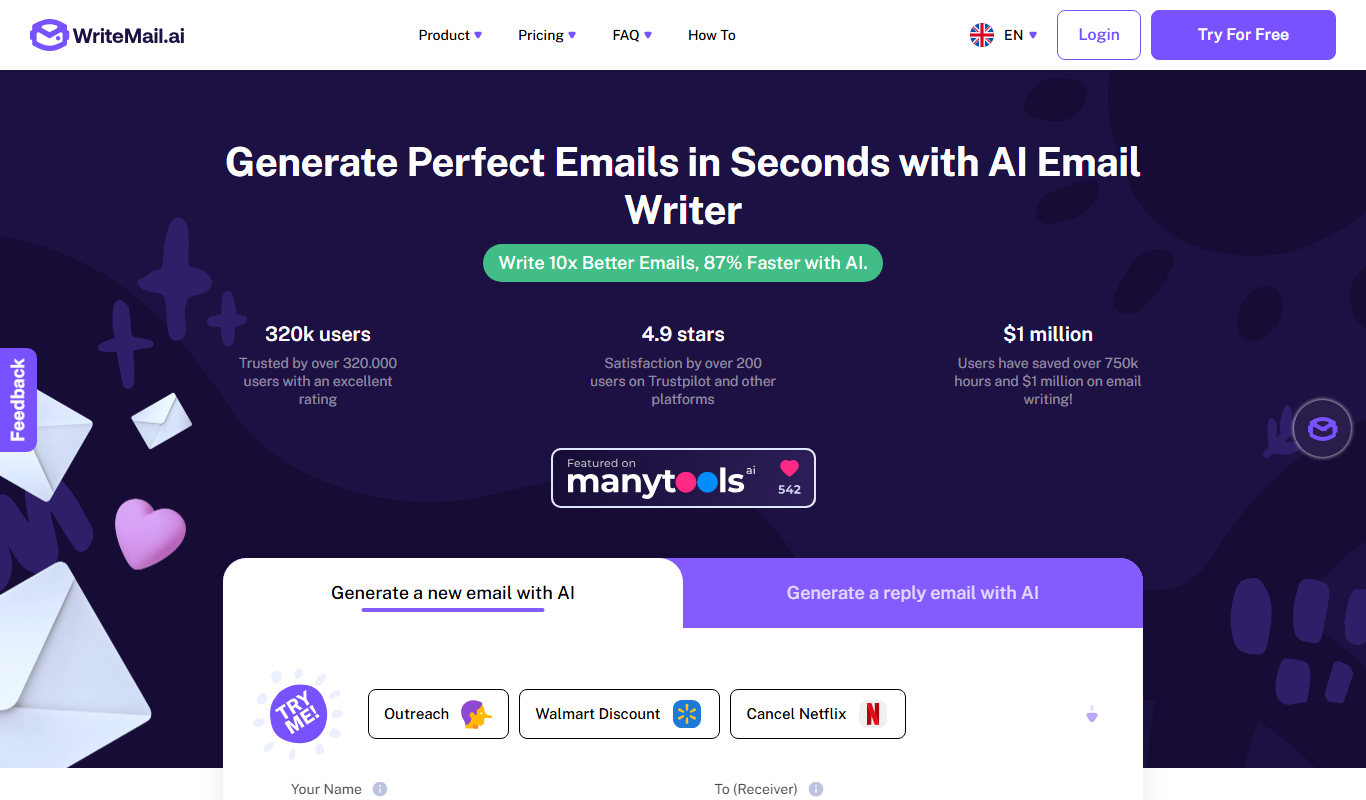 Screenshot of the WriteMail.ai interface