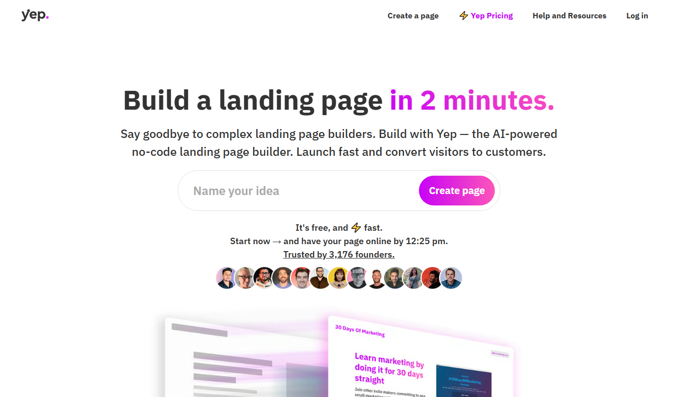 Screenshot of the Yep.so – From idea to launch in 5 mins. interface