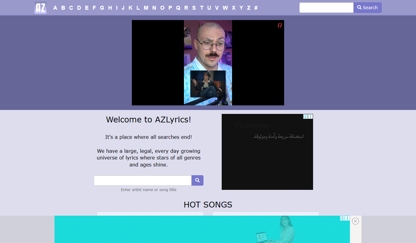 Screenshot of the AZLyrics interface