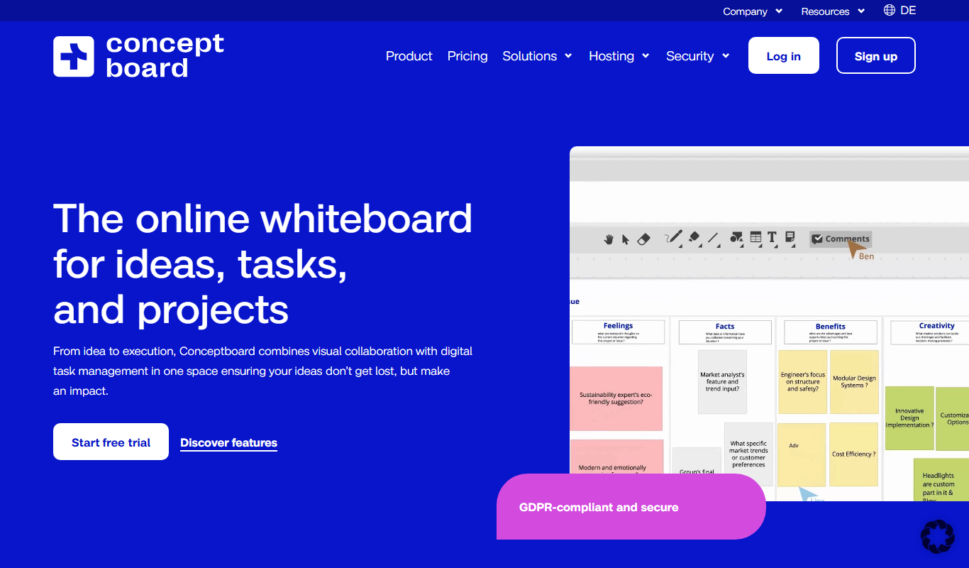 Conceptboard screenshot featuring the product interface, navigation, and essential tools