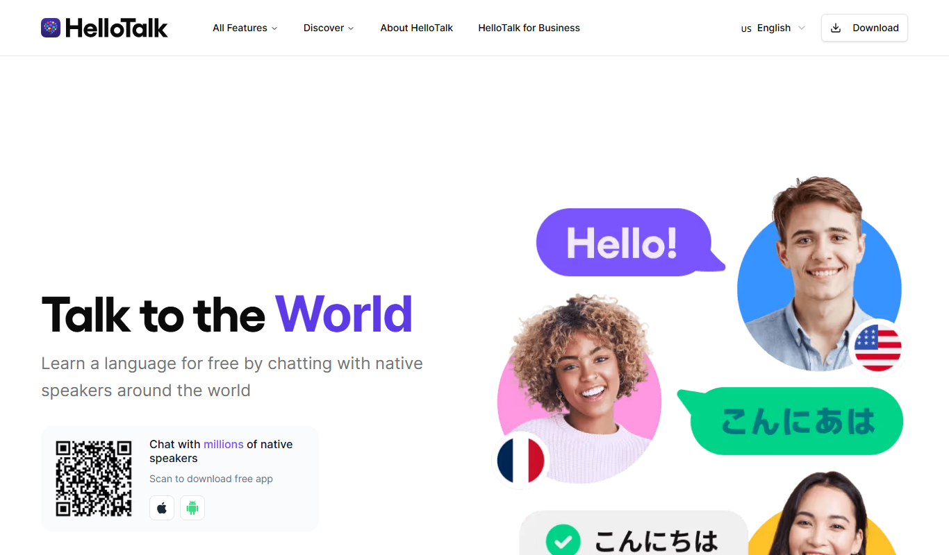 HelloTalk screenshot showing the platform dashboard, tools, and core workflow