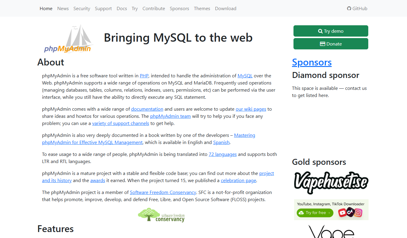 phpMyAdmin app screenshot