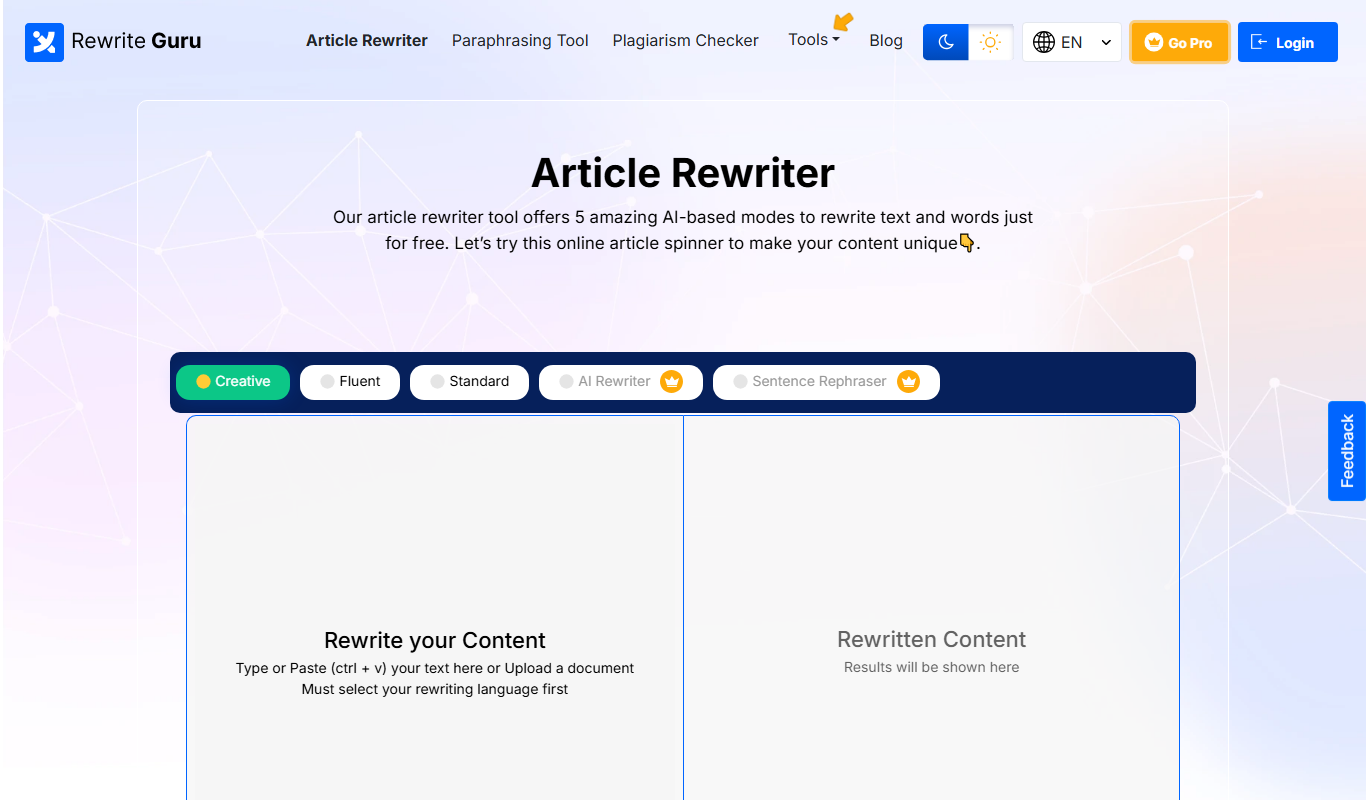 Screenshot of the rewriteguru.com interface