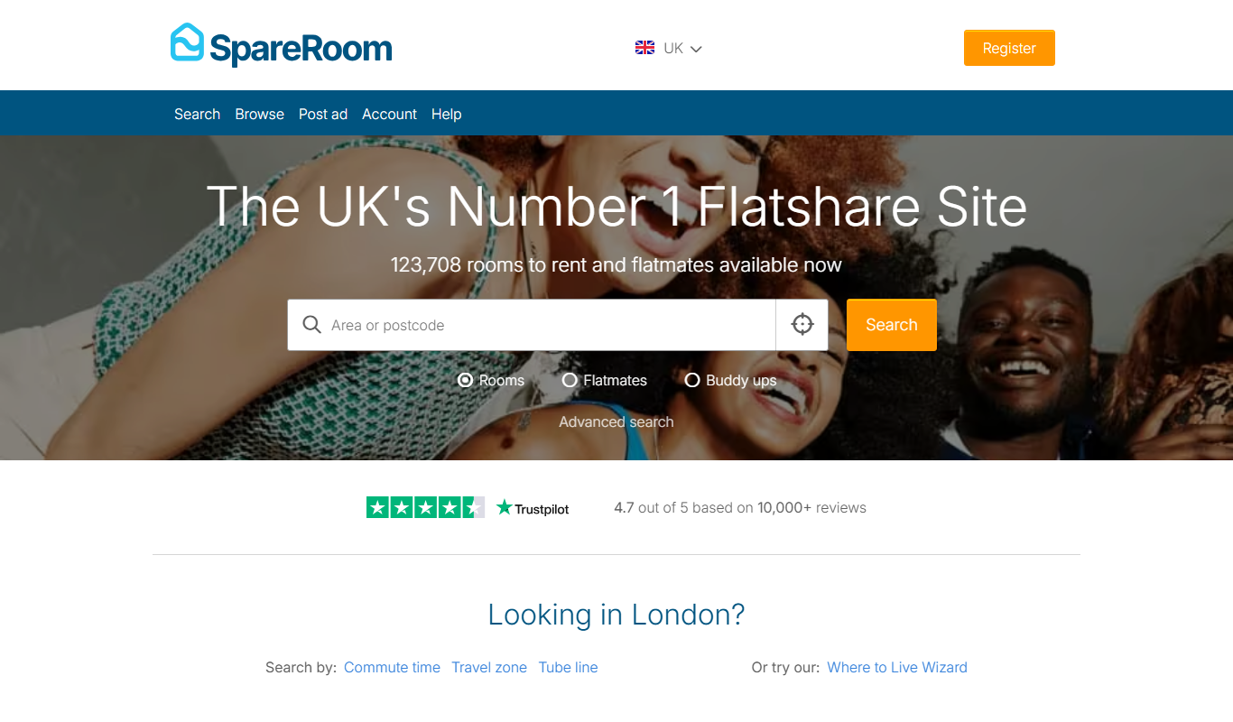 Screenshot of the SpareRoom interface