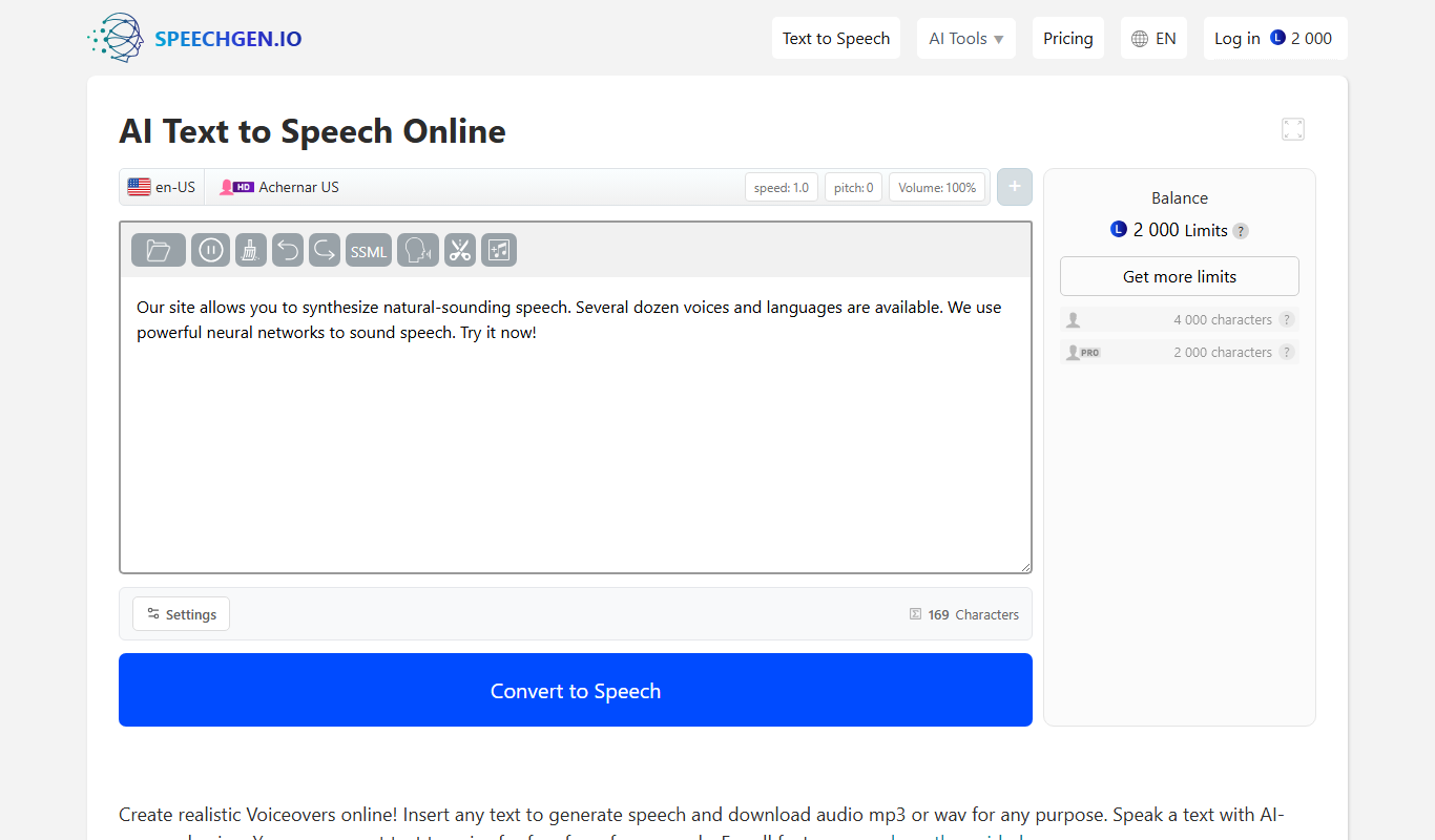 Screenshot of the SpeechGen.io interface