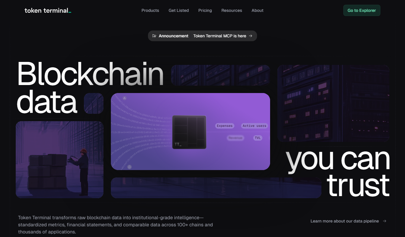Token Terminal screenshot showing the platform dashboard, tools, and core workflow