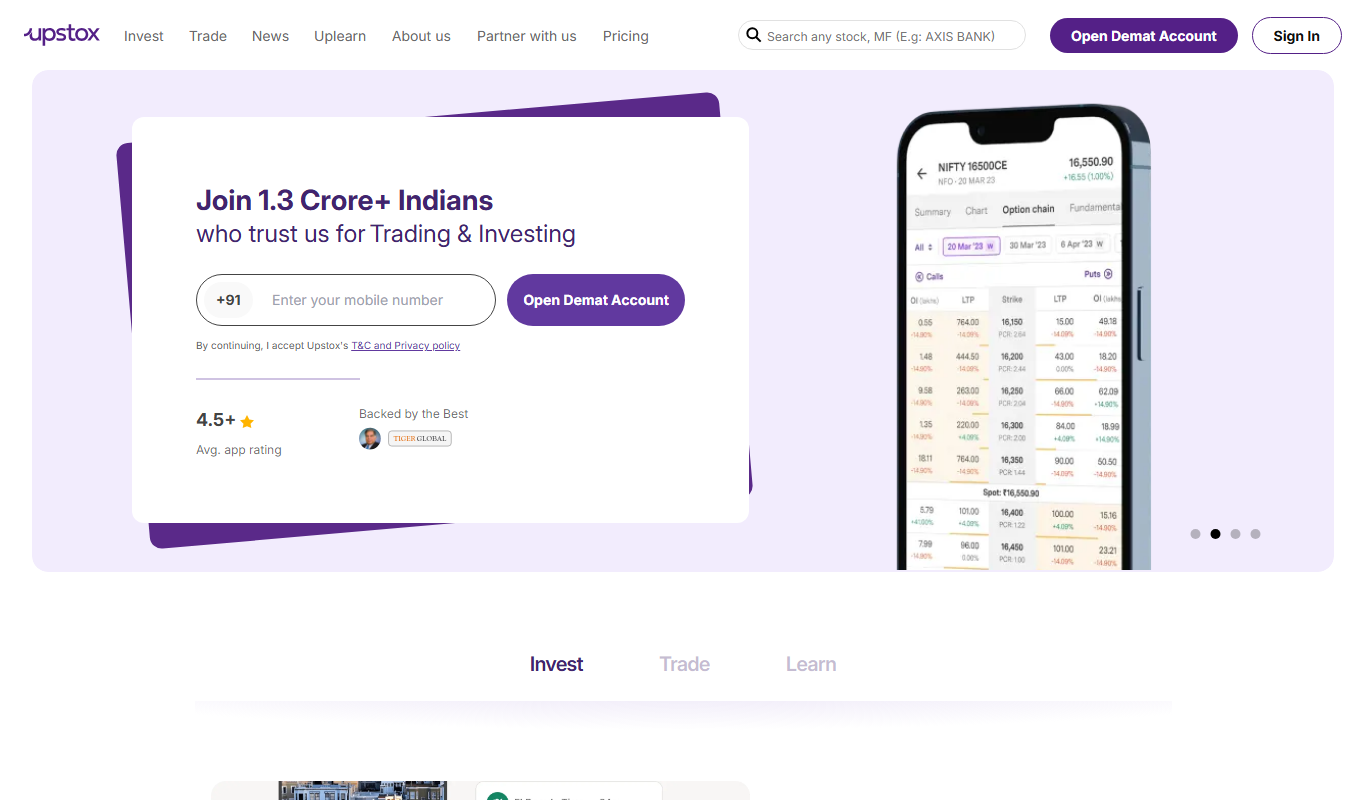 Screenshot of the Upstox interface